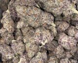 Close-up of White Cherry Runt cannabis buds with white trichomes and purple hues